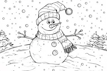 A joyful snowman with a striped hat and scarf stands in a snowy landscape surrounded by trees, radiating warmth during winter.