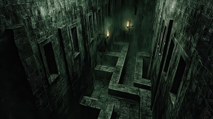 The Labyrinth's Embrace: A haunting, atmospheric photograph of a mysterious, stone-walled maze, shrouded in darkness and illuminated by flickering candlelight, creating a sense of intrigue and unease.