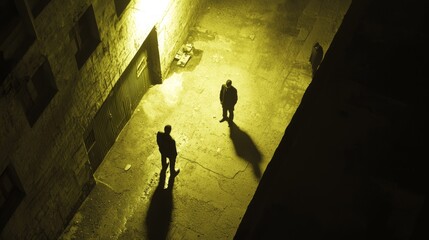 Shadowy Figures Exchanging Money on Deserted Street at Night - Illustration of Fraudulent Activities in Cinematic Light
