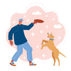 Cartoon vector illustration of man and jumping dog on pink