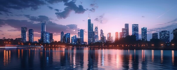 Futuristic urban skyline at dusk, 4K hyperrealistic photo