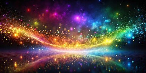 Obraz premium Fisheye colorful stream and glittering smoke particle background with radiant glow light dust spray and magical sparkles