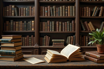 Fototapeta premium Open book lying on table with stacked books in library