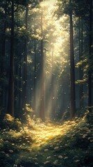 Obraz premium Serene Forest Canopy, tall trees reaching towards soft sunlight, gentle light filtering through leaves, creating a tranquil atmosphere