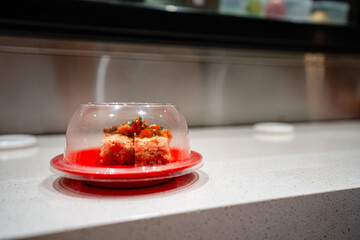various types of sushi on conveyor belt in a Japanese restaurant. Shushi Go Round is a famous form...
