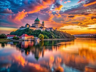 Fototapeta premium Stunning Surreal Sunset Over Esztergom Castle and Danube River in Hungary