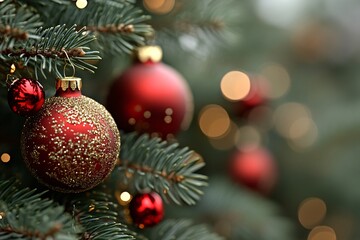 A tree with red and gold ornaments hanging from it