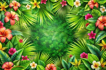 Fisheye floral wallpaper with tropical plants, bright green flowers, grass, and leaves pattern