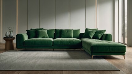 A stylish green sectional sofa in a spacious, minimalist living room with large windows, neutral walls, and natural lighting.
