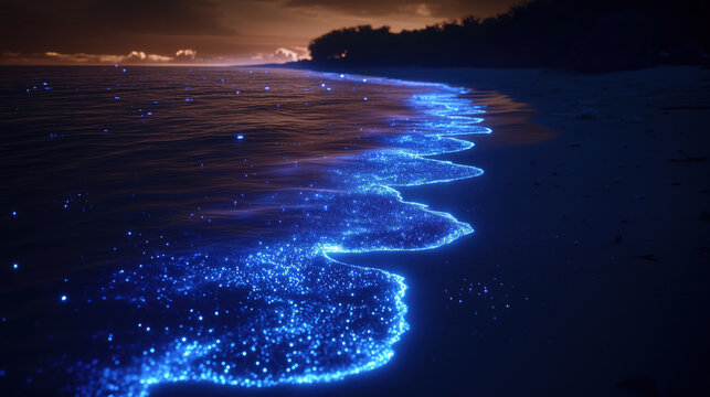Bioluminescent waves glisten along beach under twilight sky