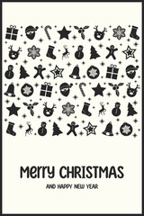 Colourful Christmas poster with retro decorations. Greeting card decorated with Santa Claus, tree, reindeer, present and snowflake icons. Vector illustration