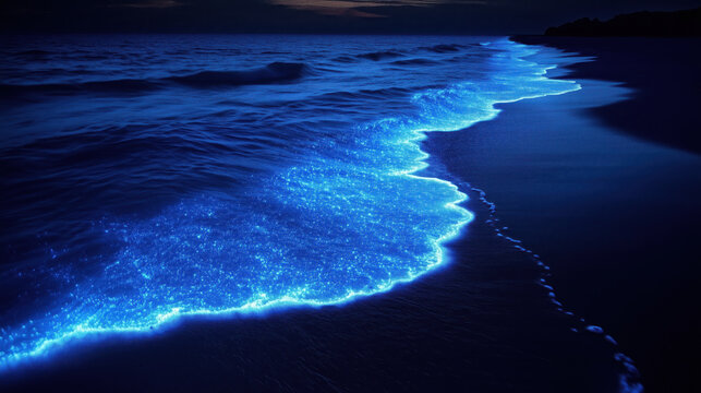 Bioluminescent waves glistening on beach create magical atmosphere