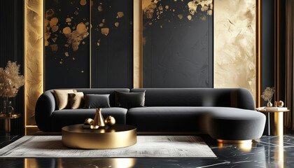 Luxury black and gold living room with modern decor and sleek furniture