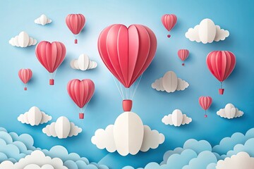 Fisheye heart shaped paper cut hot air balloons flying in clouds on sky blue background