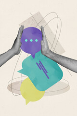 Vertical photo collage of hands give high five gesture cooperation team clap support bubble...