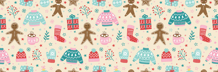 Christmas seamless pattern with hand drawn elements. Banner. Vector illustration