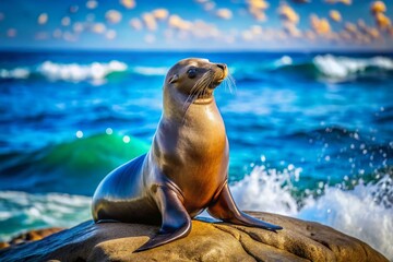 Fototapeta premium California Sea Lion at La Jolla Cove with Vibrant Blue Ocean Background for Nature Lovers