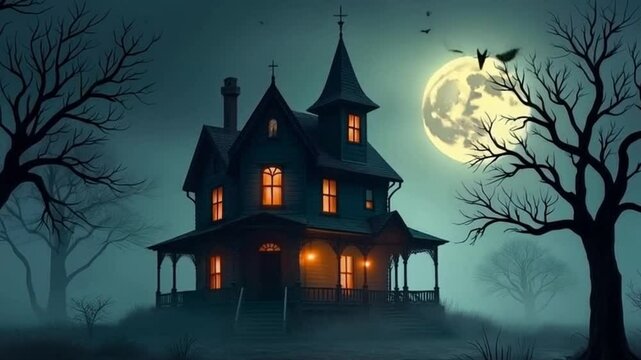 Happy Night Halloween Background With Haunted House, Bats, moon, halloween day and looping animation background 4k