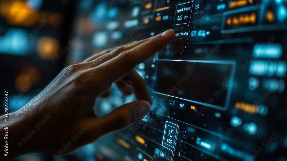 Poster exploring a futuristic touchscreen interface with glowing elements and a hand navigating intricate d
