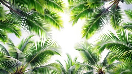 Naklejka premium Fisheye palm trees with lush leaves on a white background, grey color coconut branches isolated on light backdrop