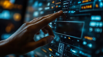 Obraz premium Exploring a futuristic touchscreen interface with glowing elements and a hand navigating intricate digital displays
