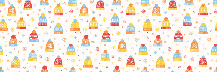 Colourful seamless pattern with cute cartoon winter hats. Banner. Vector illustration