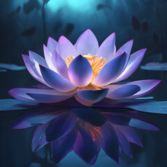 A lotus flower with a ghost girl's face hidden in its petals. A pale face and smiling lips. A blue light is emitted from the flower. The moonlight reflects on the surface of the pond water.
