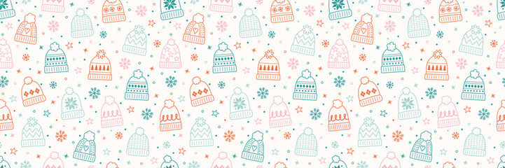 Colourful cartoon winter hat background. Christmas seamless pattern. Banner. Vector illustration