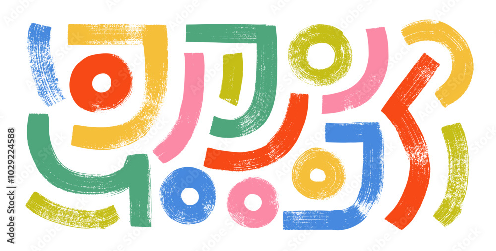 Aufkleber Brush drawn bold geometric shapes, colorful lines and circles. Hand drawn grunge doodle elements. Naive playful abstract shapes with rough texture. Abstract trendy geometric figures in kid's style.