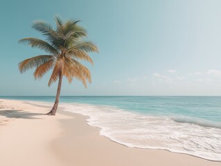 Obraz premium Solitary Palm by Tranquil Shore, a serene scene of a lone palm tree standing tall on a sandy beach with gentle waves lapping nearby