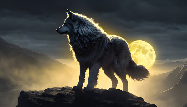 A wolf wearing a white ghost cloak, with long sharp fangs and glowing yellow eyes, stands howling on a cliff, its shadow clearly visible in the light of the full moon.