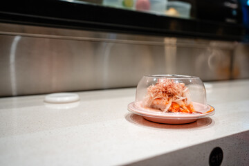 various types of sushi on conveyor belt in a Japanese restaurant. Shushi Go Round is a famous form of fast food in Asia, also known as sushi train.
