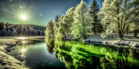 Fototapeta premium Stunning Winter Landscape in Norway with Frosted Trees and River Reflections