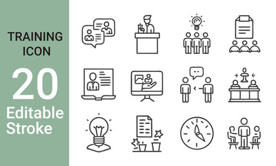 Training web icons in line style. Education, seminar, online test, webinar, course, distance learning collection. Vector illustration.