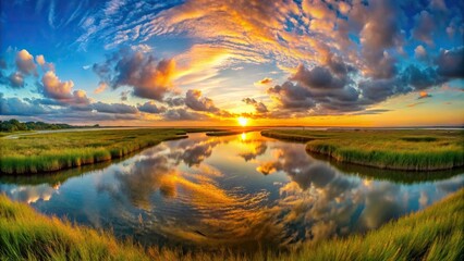 Fototapeta premium Fisheye sunrise over the marsh along the Tolomato River in St Augustine Florida