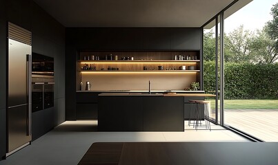 
Ultra-Modern Minimalist Kitchen with Hidden Refrigerator, Sleek Black Cabinetry, Open Shelving, and Natural Light, generative ai