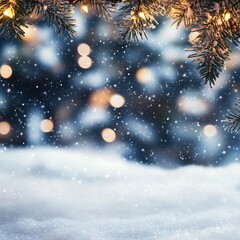 A serene winter scene with falling snow and twinkling lights among evergreen branches.