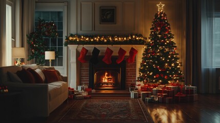 Fototapeta premium A cozy 3D living room with a Christmas tree, stockings, and fireplace.