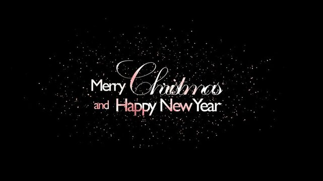 christmas card or digital happy new year greetings with shiny animated font and glittering sparks isolated on black, bright decoration overlay texture template for december holiday season