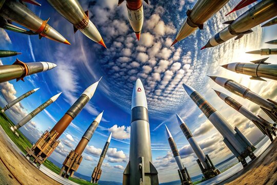 Fisheye view of a ballistic missile launch representing nuclear weapons danger to the world