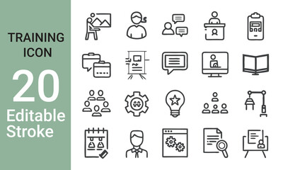 Training web icons in line style. Education, seminar, online test, webinar, course, distance learning collection. Vector illustration.