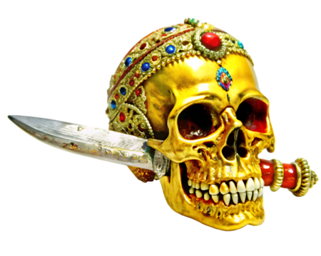 Skull Stabbed with vintage knife isolated on white background as transparent. PNG. AI GENERATED.