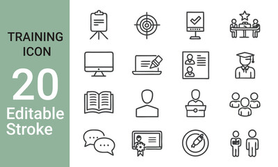Training web icons in line style. Education, seminar, online test, webinar, course, distance learning collection. Vector illustration.