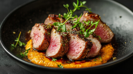 A beautifully plated gourmet dish featuring perfectly seared, tender lamb slices  over a smooth carrot puree.Seasoned with fresh herbs and drizzled with a savory glaze.Magazines, restaurant promotions