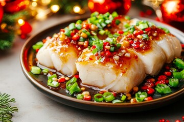 Delightfully plated steamed Y fish garnished with vibrant vegetables,