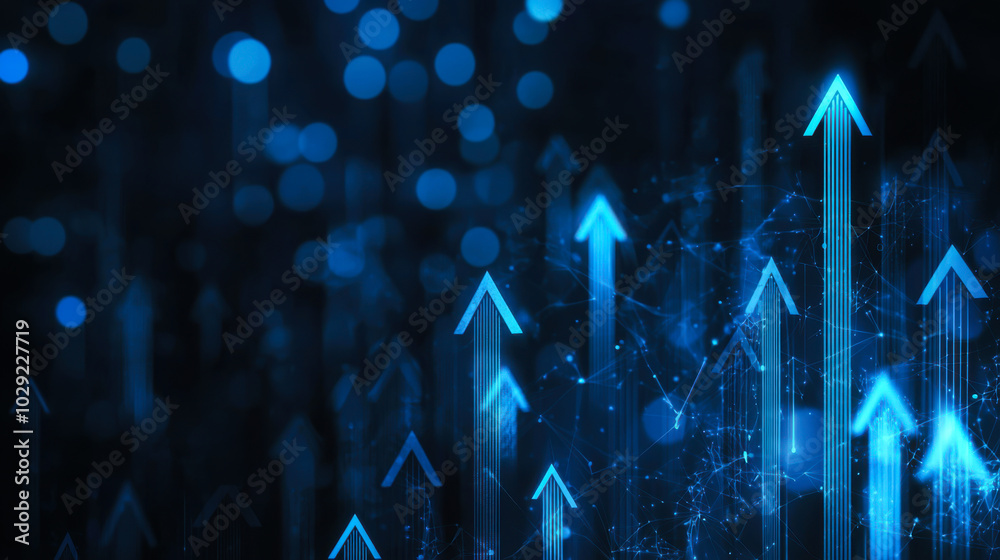 Poster dynamic upward arrows representing growth and progress in a digital environment illuminated by blue 