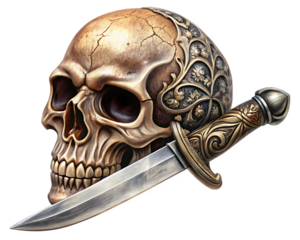 Skull Stabbed with vintage knife isolated on white background as transparent. PNG. AI GENERATED.