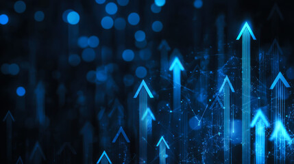 Dynamic upward arrows representing growth and progress in a digital environment illuminated by blue lights