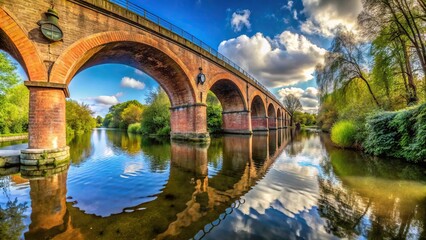 Fototapeta premium Fisheye view of railway bridge with arches over river in Watford