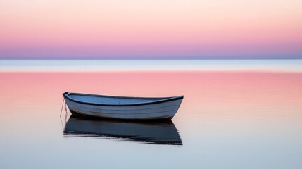 Naklejka premium Small Boat Anchored in a Calm Sea at Sunset